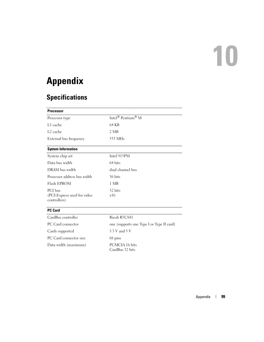 Dell 9300 owner manual Appendix, Specifications 