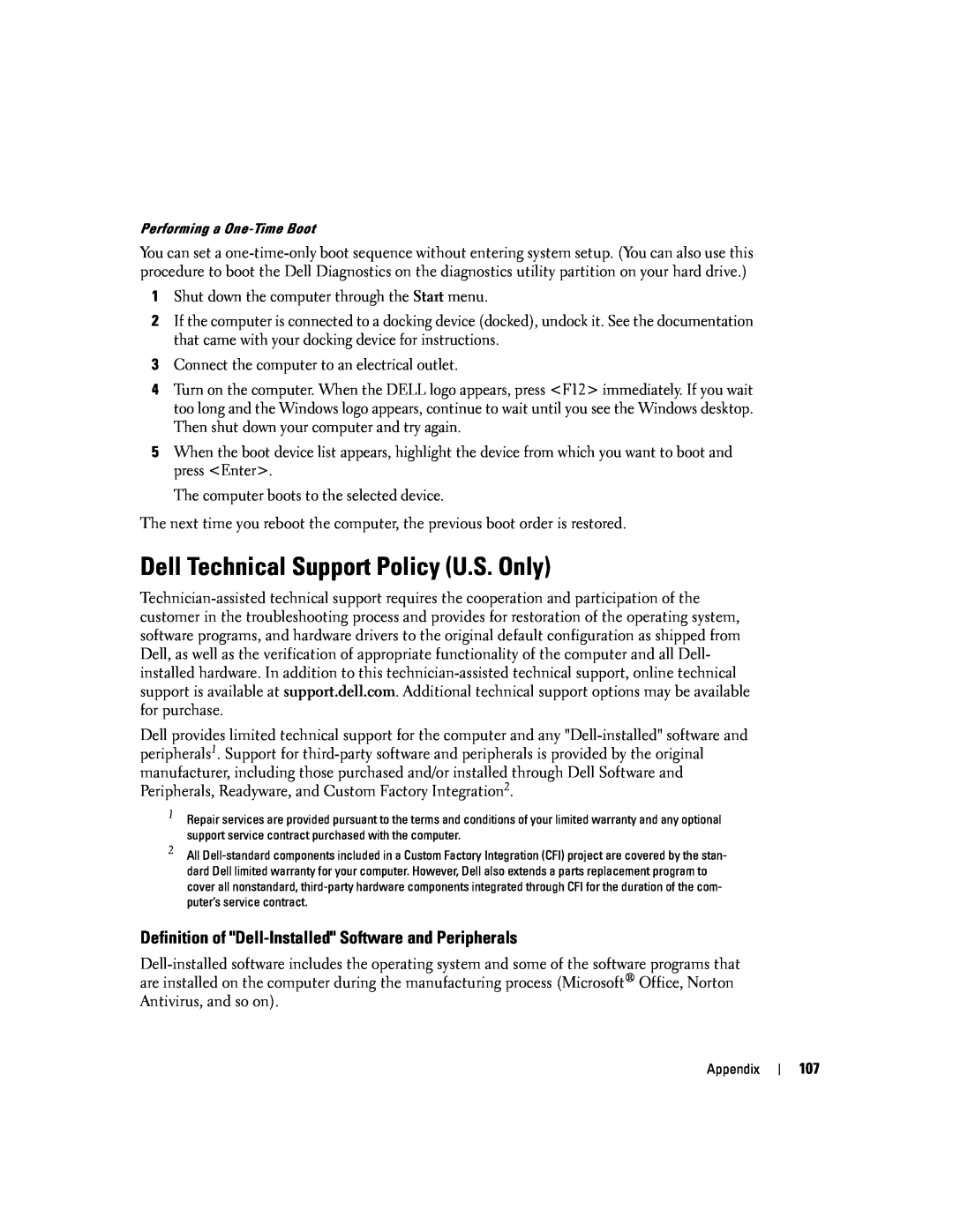 Dell 9300 owner manual Dell Technical Support Policy U.S. Only, Definition of Dell-Installed Software and Peripherals 