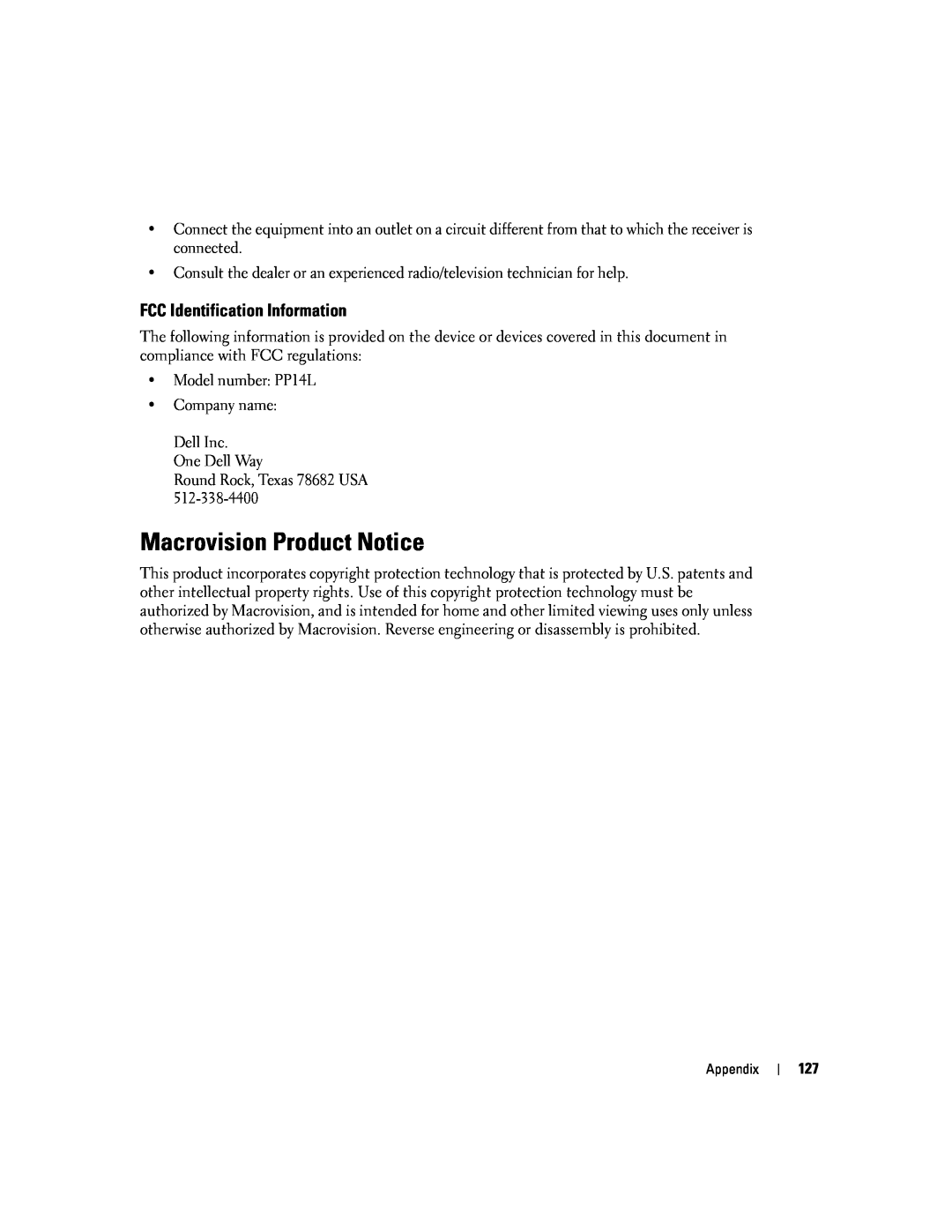 Dell 9300 owner manual Macrovision Product Notice, FCC Identification Information 