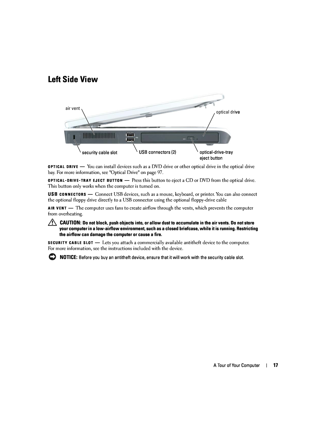 Dell 9300 owner manual Left Side View, optical-drive-tray 