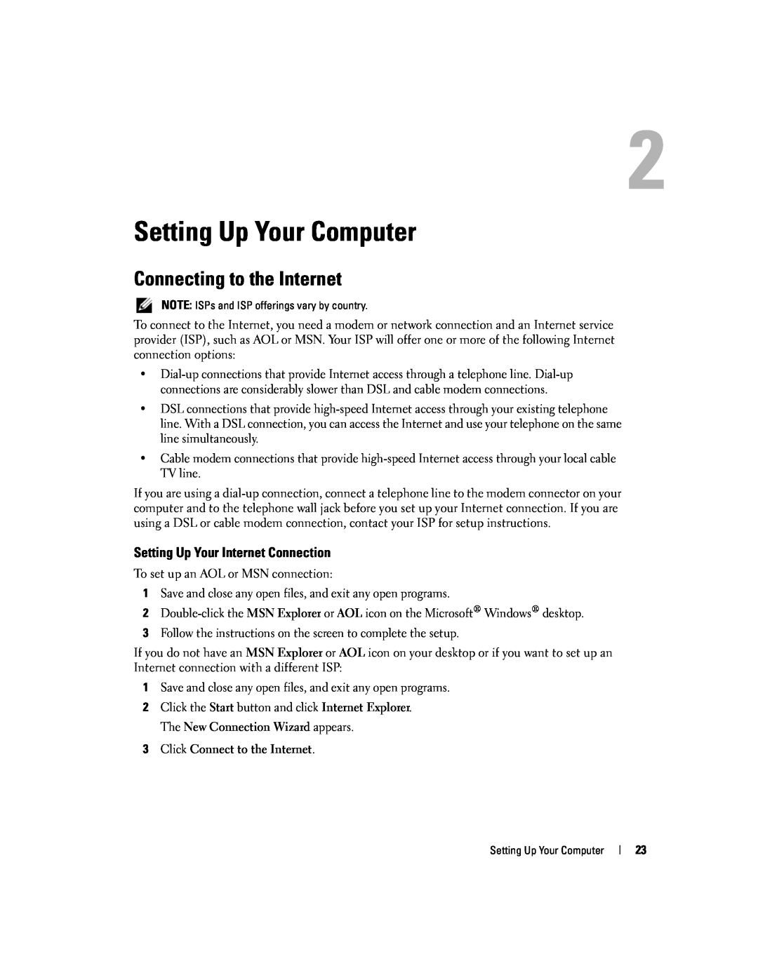 Dell 9300 owner manual Setting Up Your Computer, Connecting to the Internet, Setting Up Your Internet Connection 