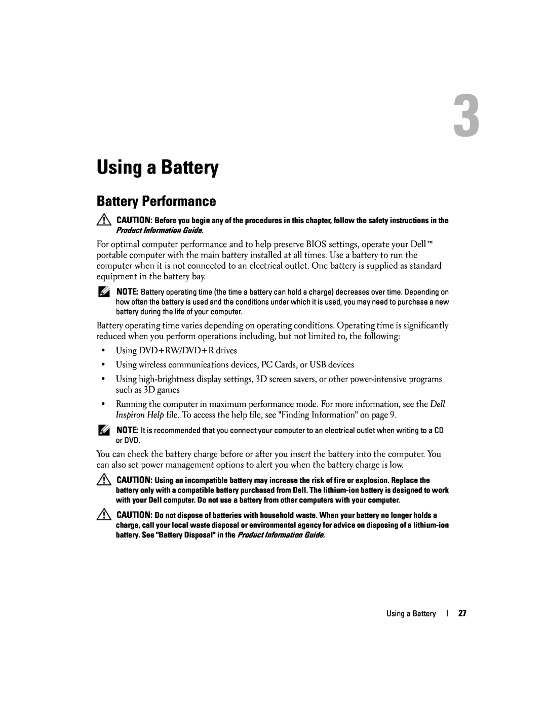 Dell 9300 owner manual Using a Battery, Battery Performance 