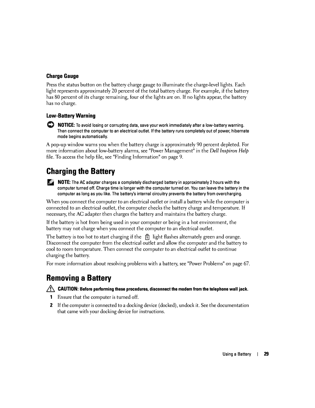 Dell 9300 owner manual Charging the Battery, Removing a Battery, Charge Gauge, Low-Battery Warning 