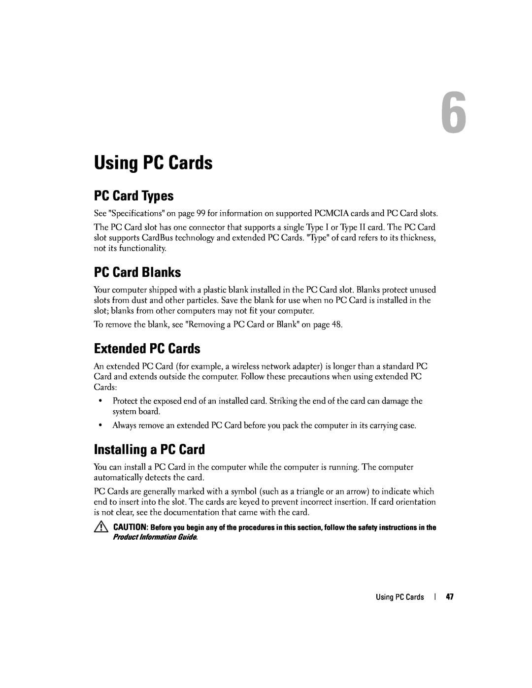Dell 9300 owner manual Using PC Cards, PC Card Types, PC Card Blanks, Extended PC Cards, Installing a PC Card 