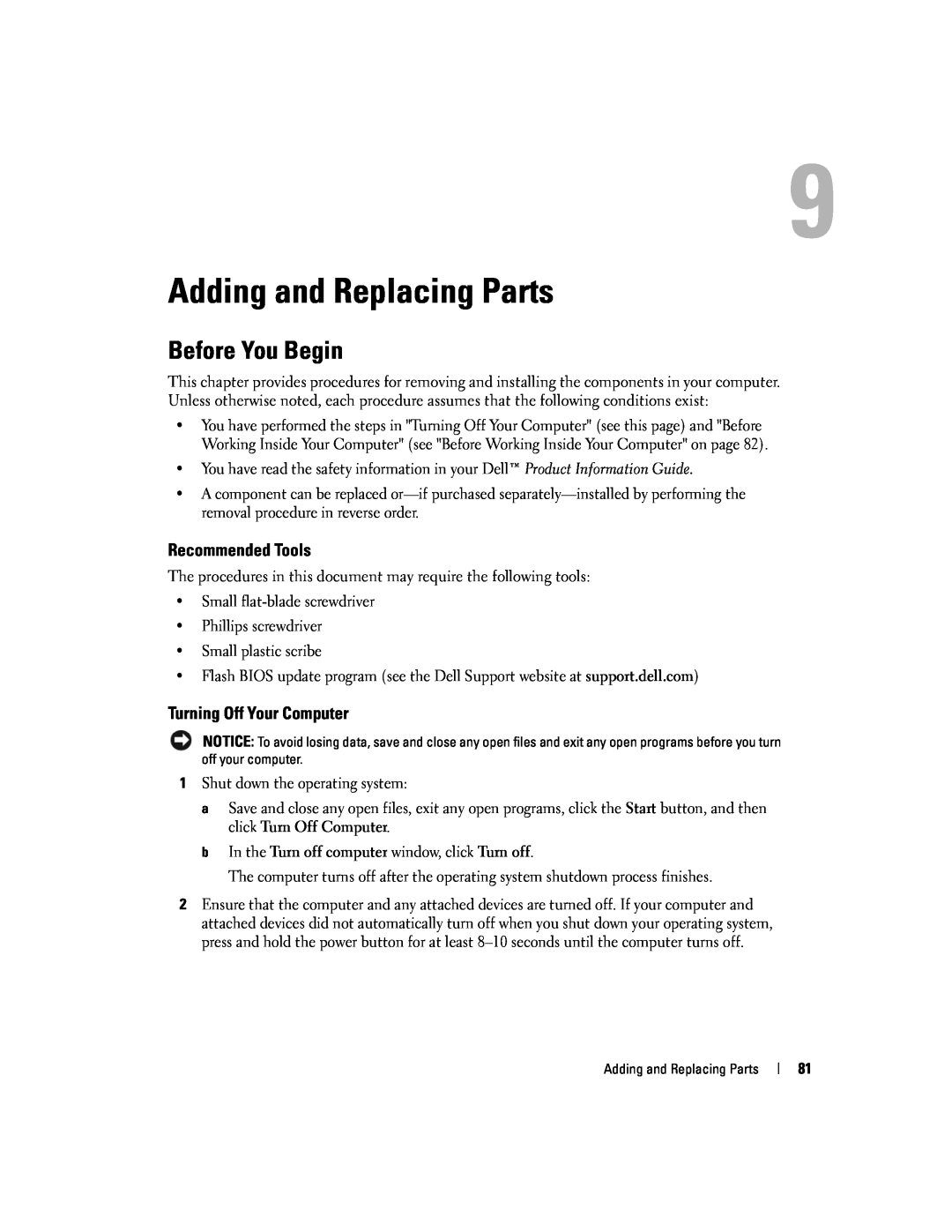Dell 9300 owner manual Adding and Replacing Parts, Before You Begin, Recommended Tools, Turning Off Your Computer 