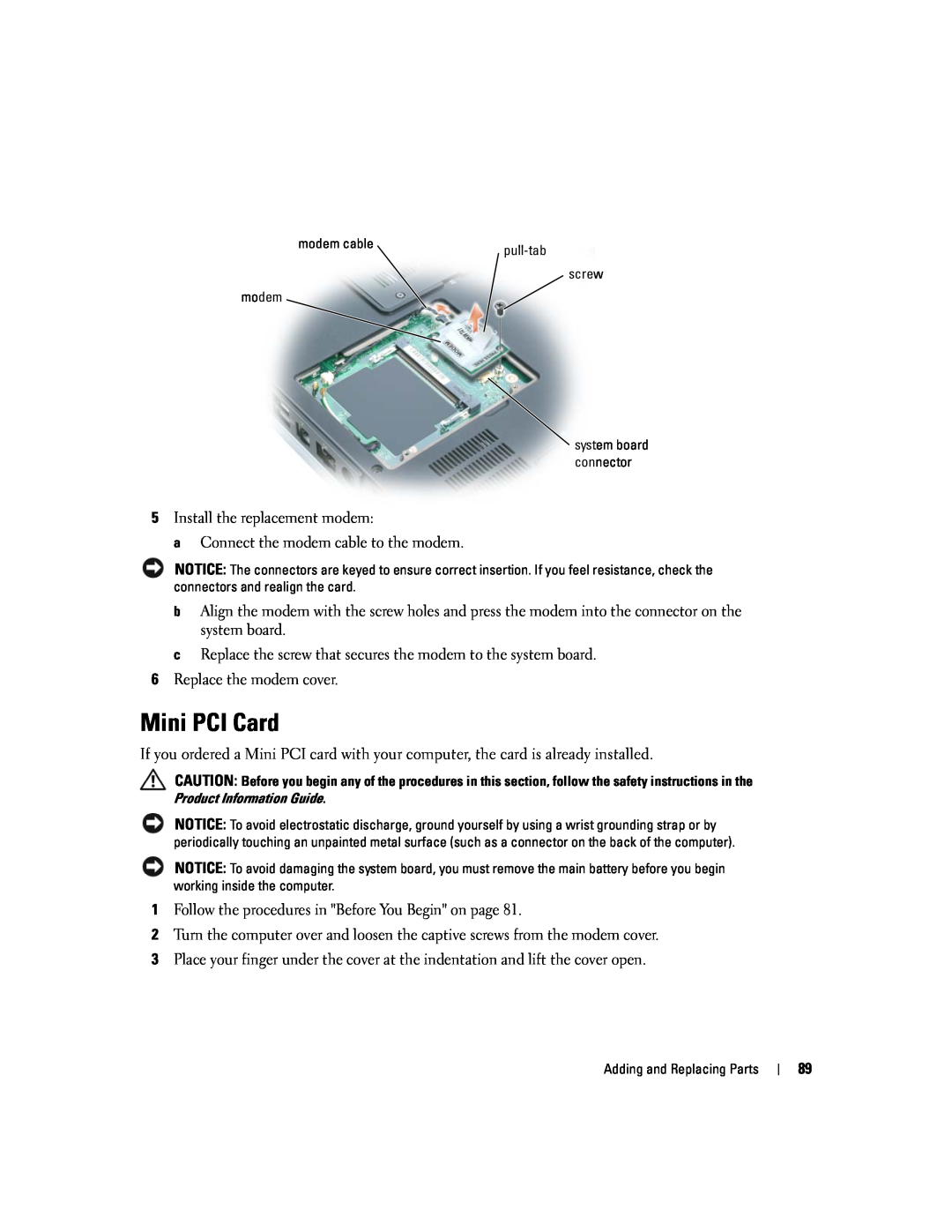 Dell 9300 owner manual Mini PCI Card 