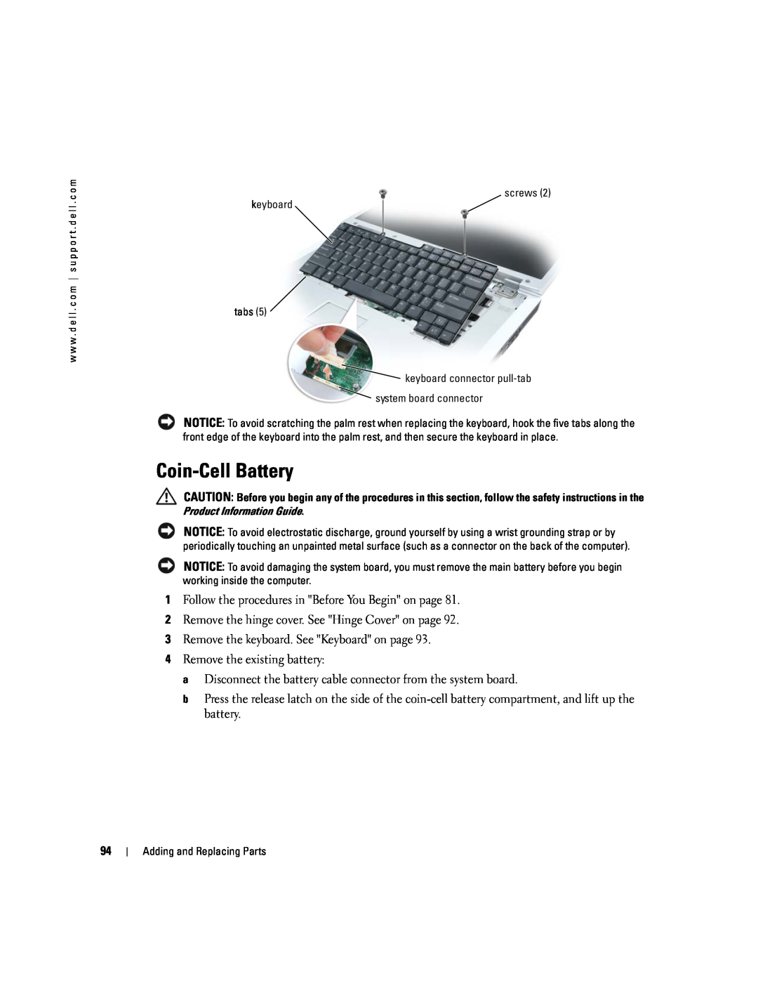 Dell 9300 Coin-Cell Battery, Follow the procedures in Before You Begin on page, Remove the keyboard. See Keyboard on page 