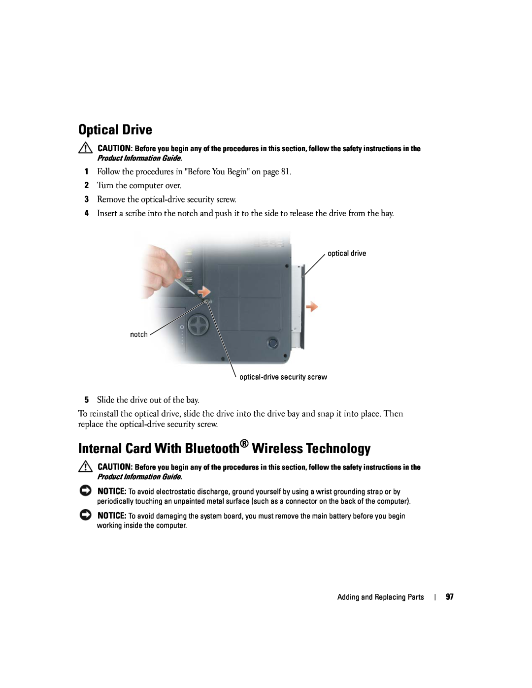 Dell 9300 owner manual Optical Drive, Internal Card With Bluetooth Wireless Technology 