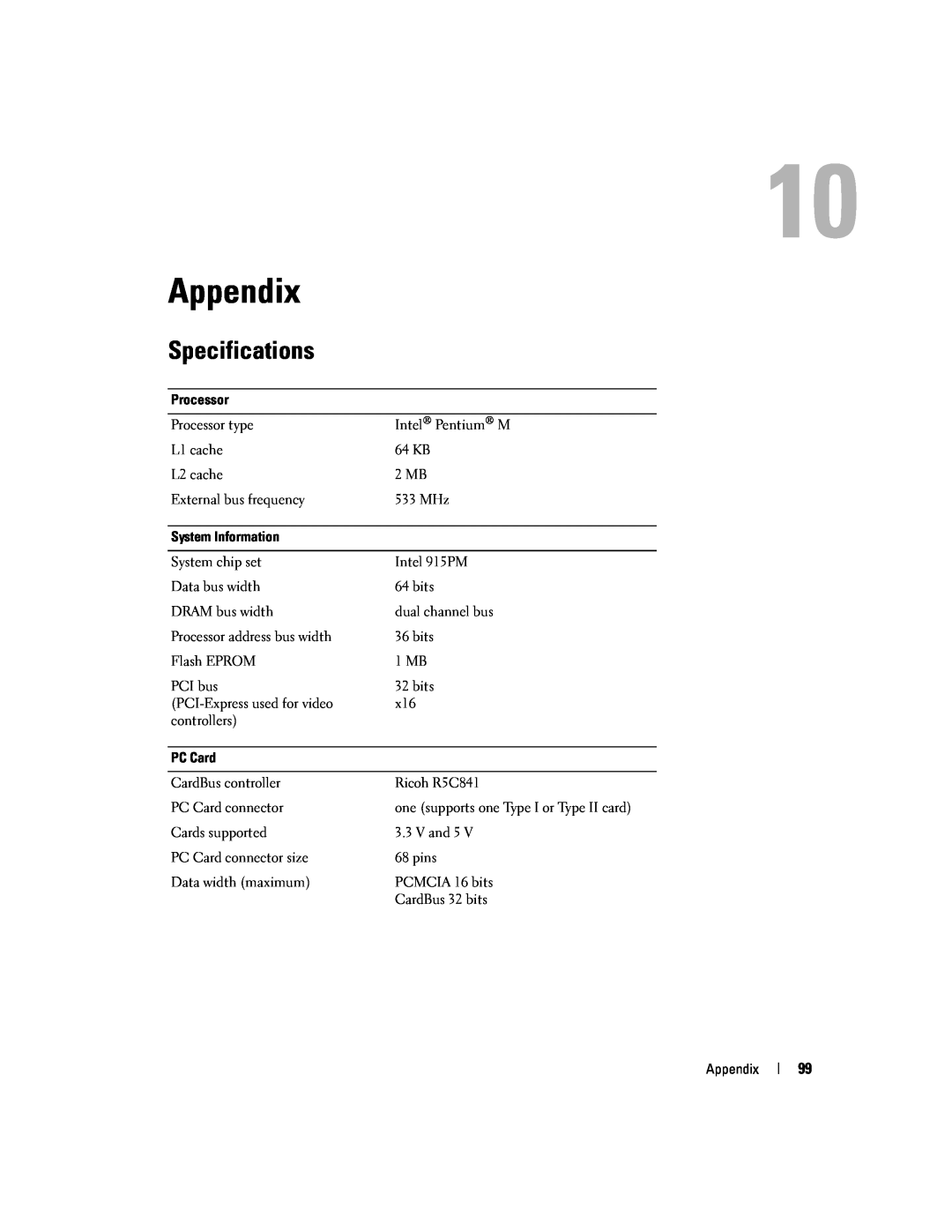 Dell 9300 owner manual Appendix, Specifications 