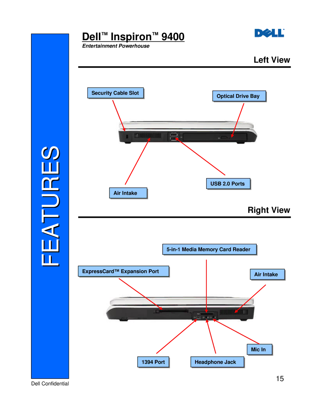 Dell 9400 manual Features, Left View, Right View, USBUSB22..00PortsPorts AirAirIntakeIntake, MicMicInIn 