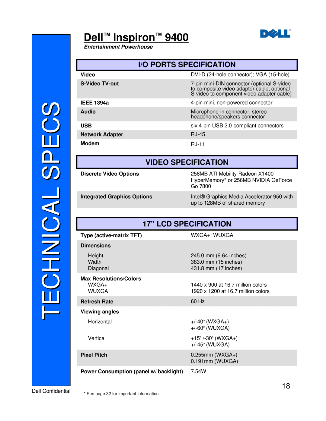 Dell 9400 manual Ports Specification, Video Specification, LCD Specification 