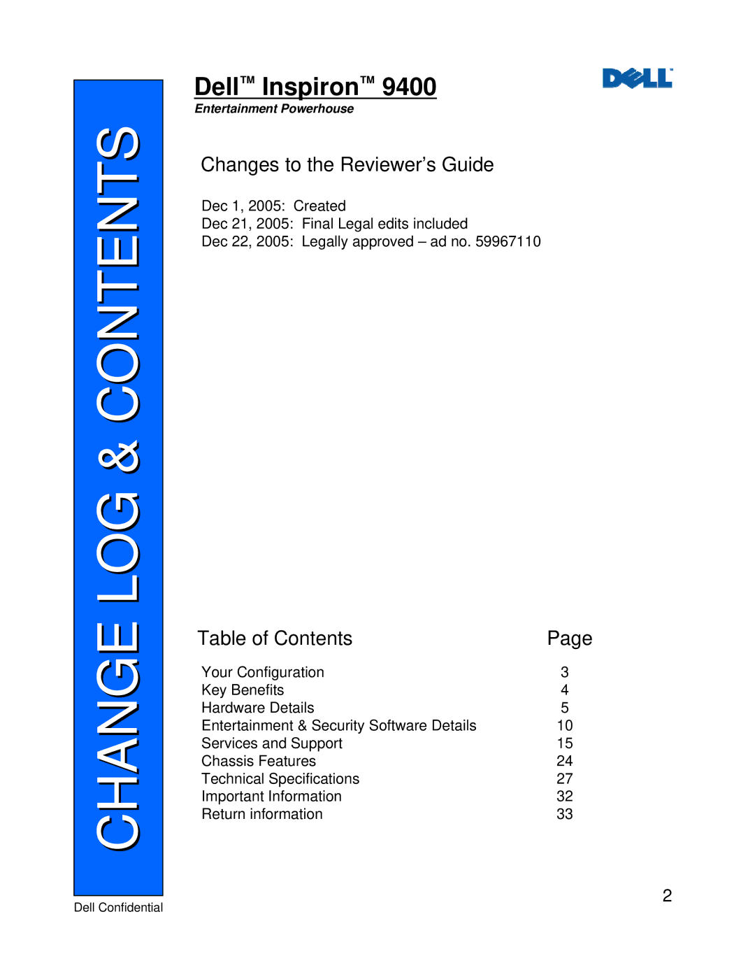 Dell 9400 manual Change LOG & Contents 