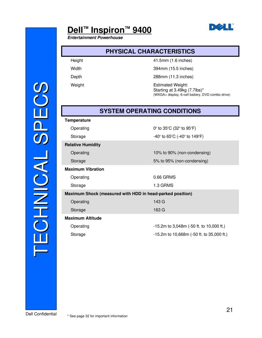 Dell 9400 manual Physical Characteristics, System Operating Conditions 