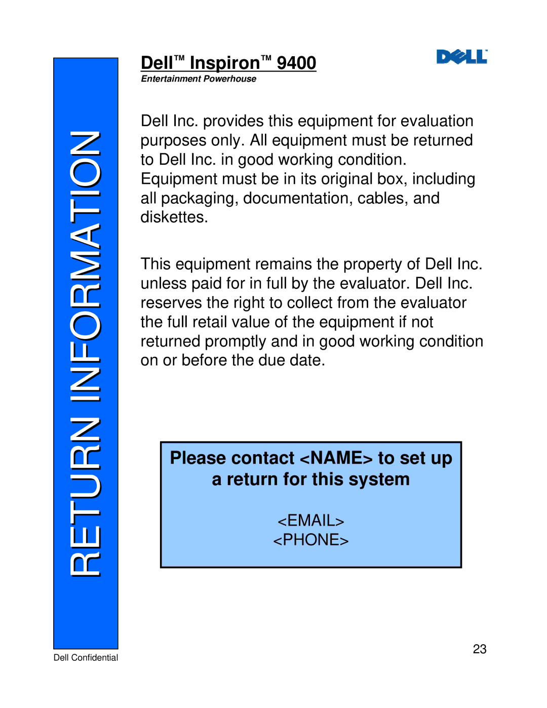 Dell 9400 manual Return Information 