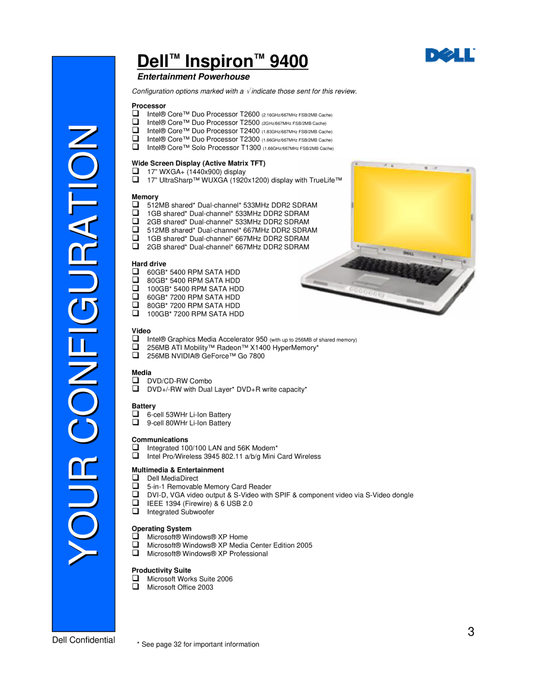 Dell 9400 manual Your Configuration, Processor 