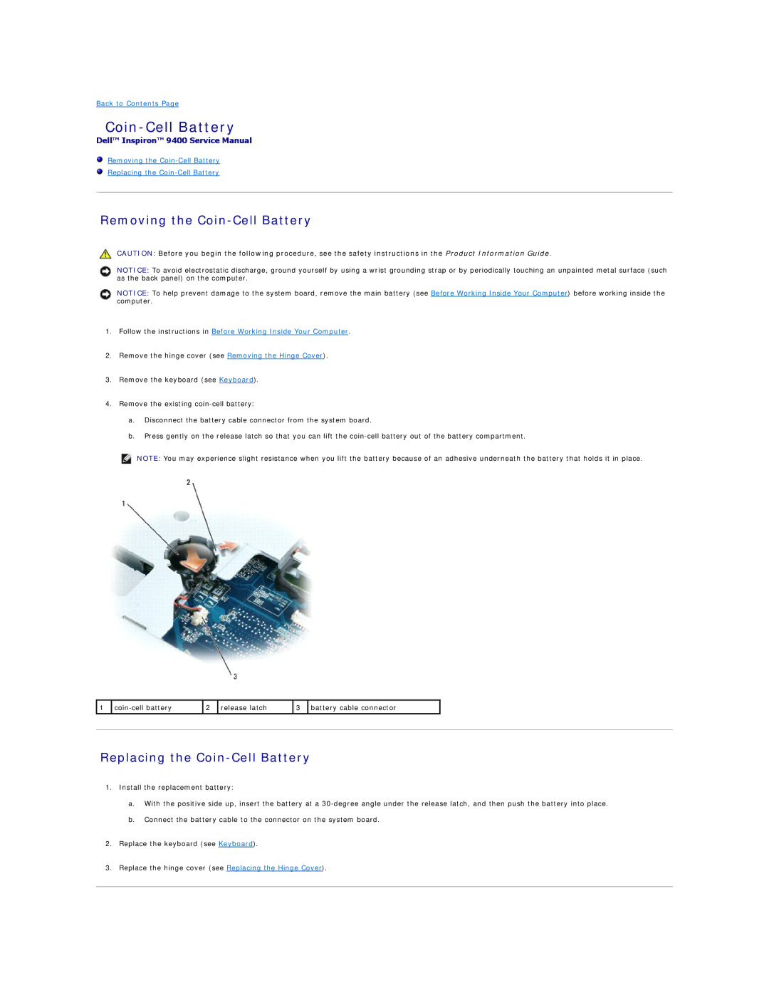 Dell 9400 owner manual Removing the Coin-Cell Battery, Replacing the Coin-Cell Battery 