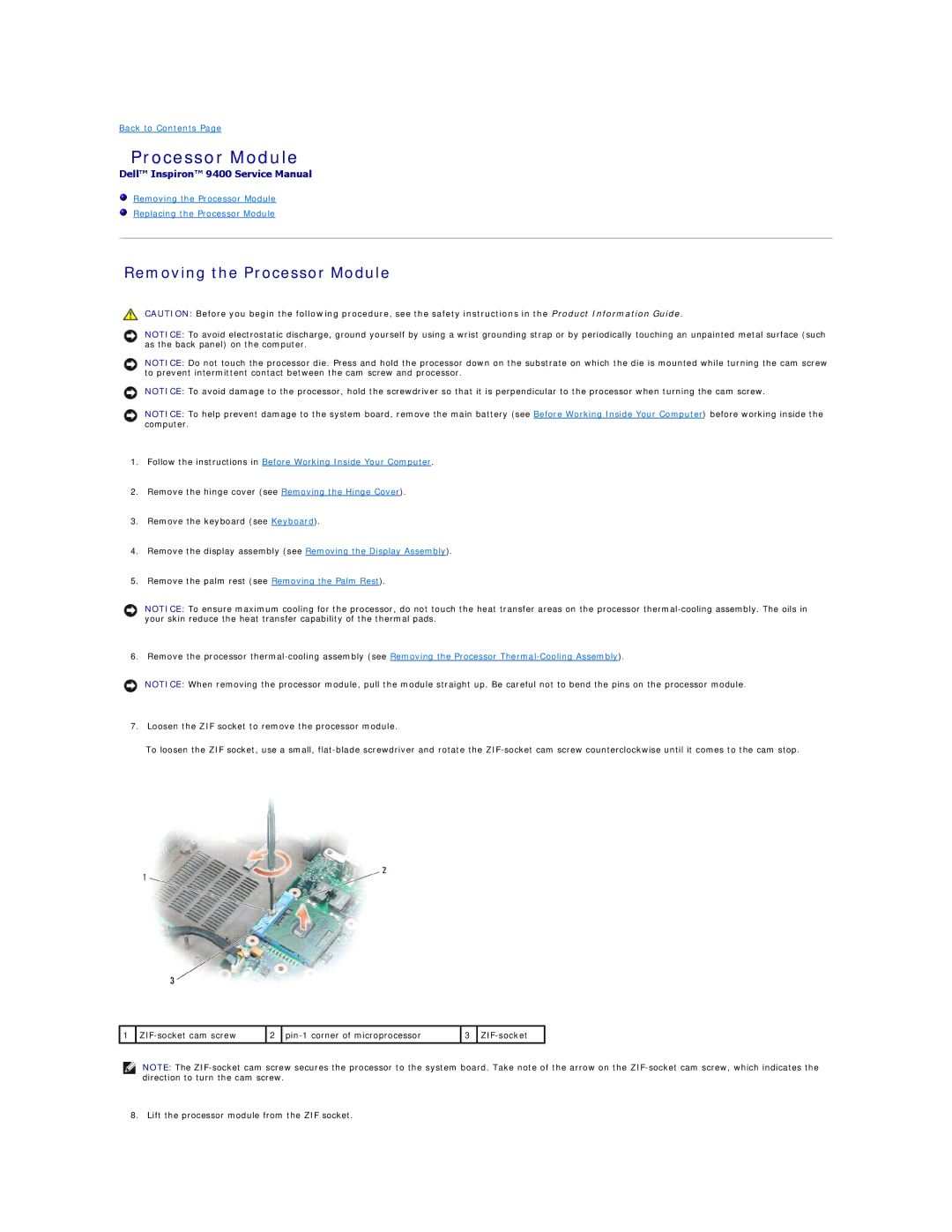 Dell 9400 owner manual Removing the Processor Module 