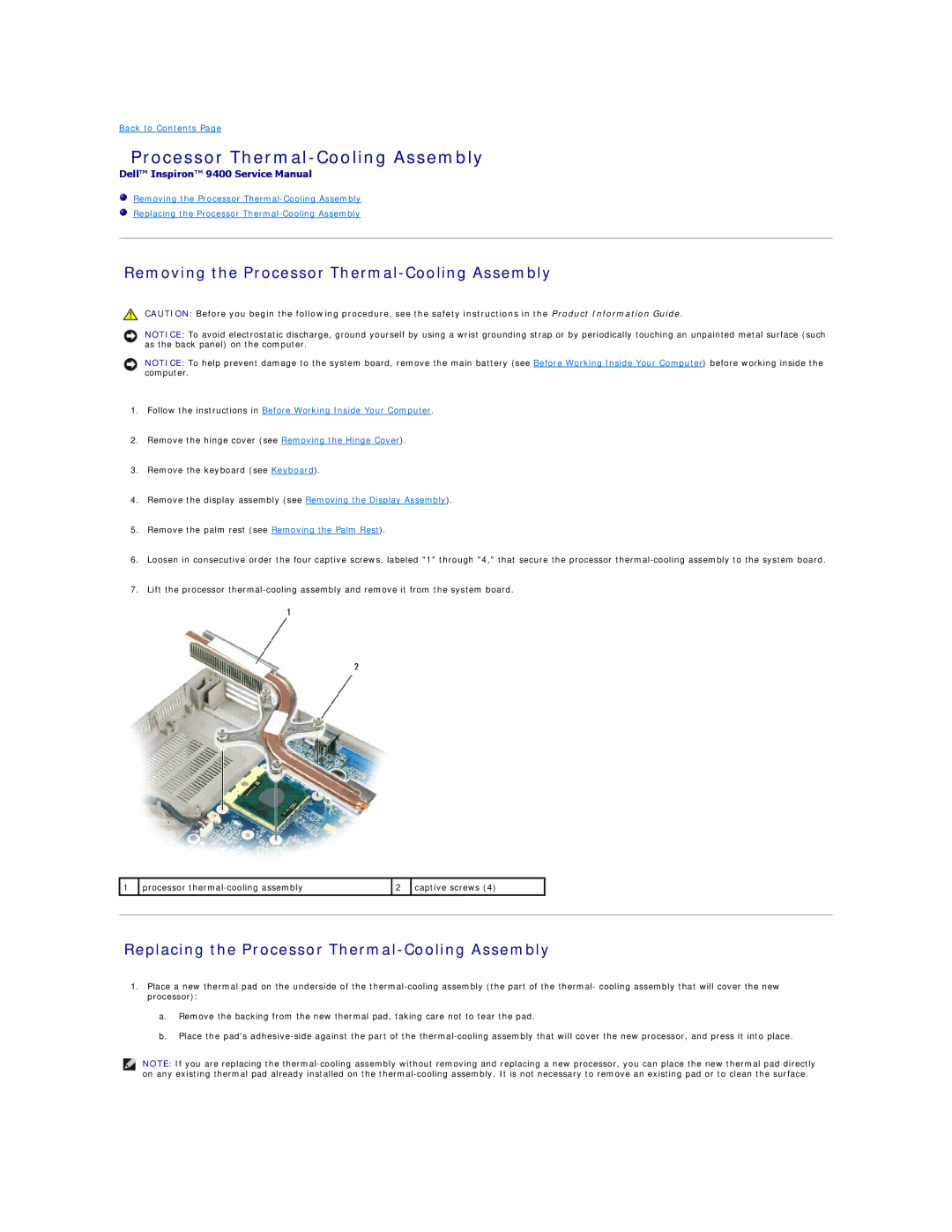 Dell 9400 Removing the Processor Thermal-Cooling Assembly, Replacing the Processor Thermal-Cooling Assembly 