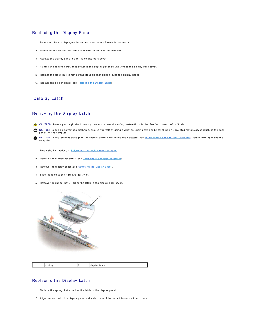 Dell 9400 owner manual Display Latch, Replacing the Display Panel 