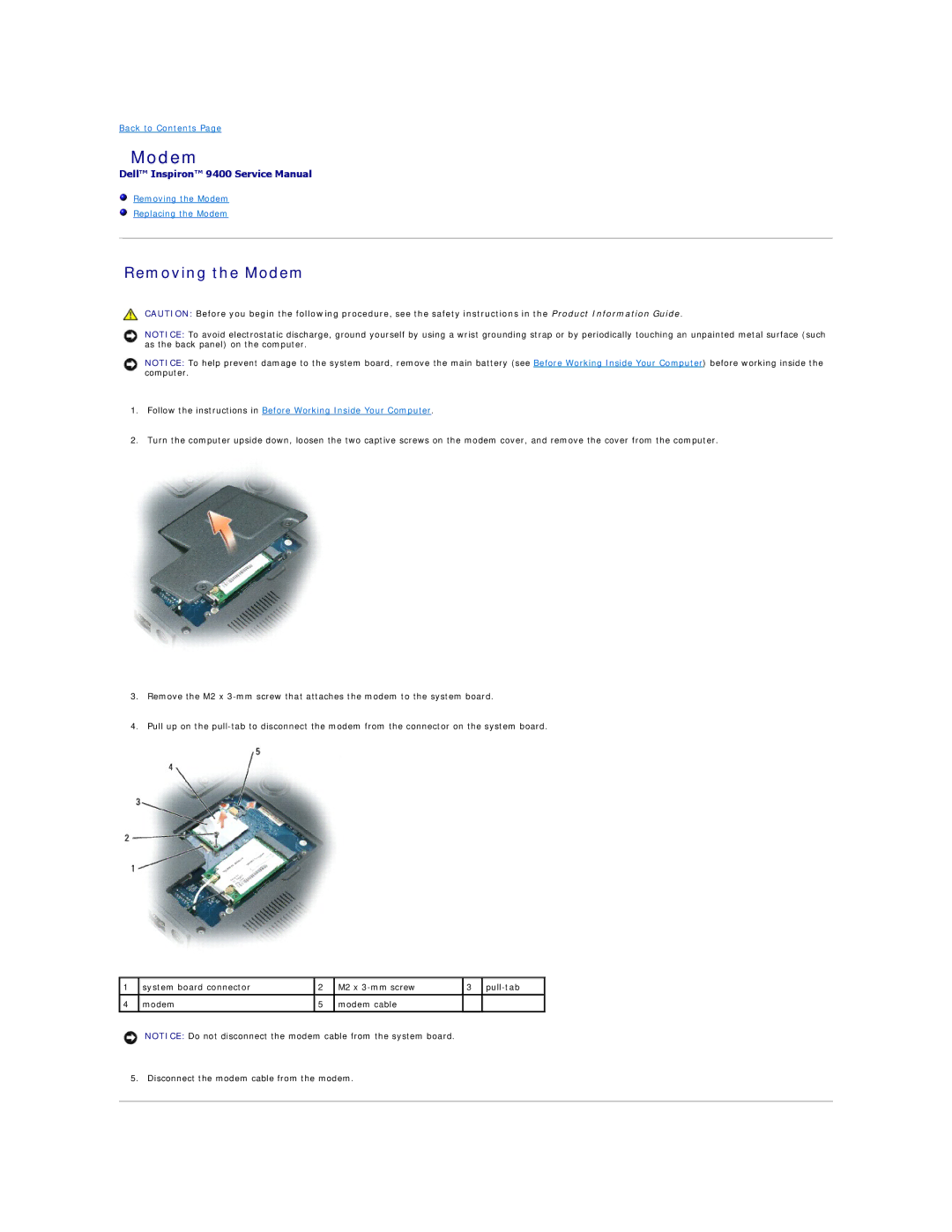 Dell 9400 owner manual Removing the Modem 