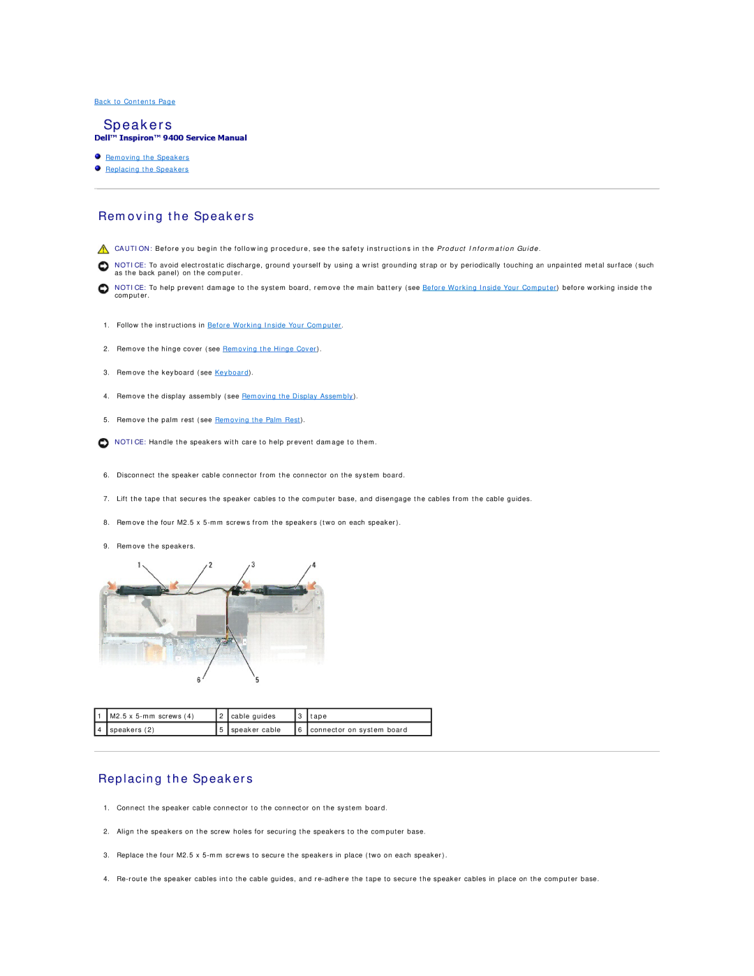Dell 9400 owner manual Removing the Speakers, Replacing the Speakers 