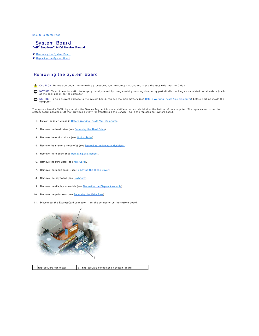 Dell 9400 owner manual Removing the System Board 