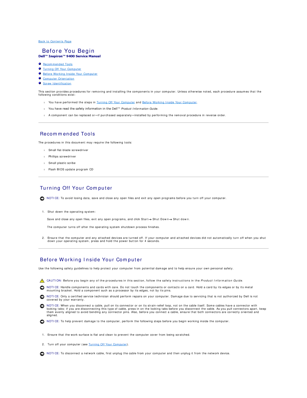 Dell 9400 owner manual Before You Begin, Recommended Tools, Turning Off Your Computer, Before Working Inside Your Computer 