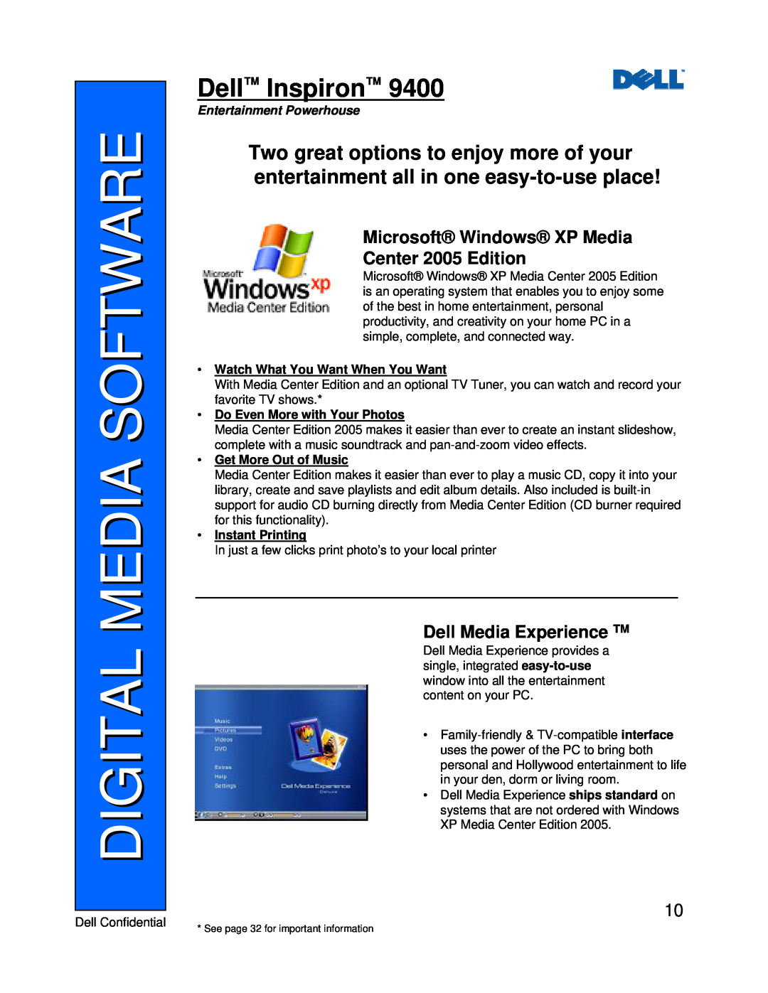 Dell 9400 Digital Media Software, Dell Inspiron, Microsoft Windows XP Media Center 2005 Edition, Dell Media Experience TM 