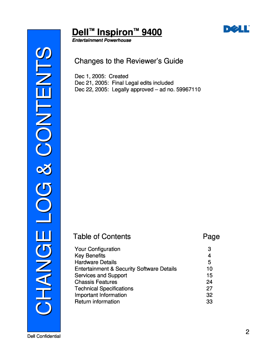 Dell 9400 manual Change Log & Contents, Dell Inspiron, Changes to the Reviewer’s Guide, Table of Contents, Page 