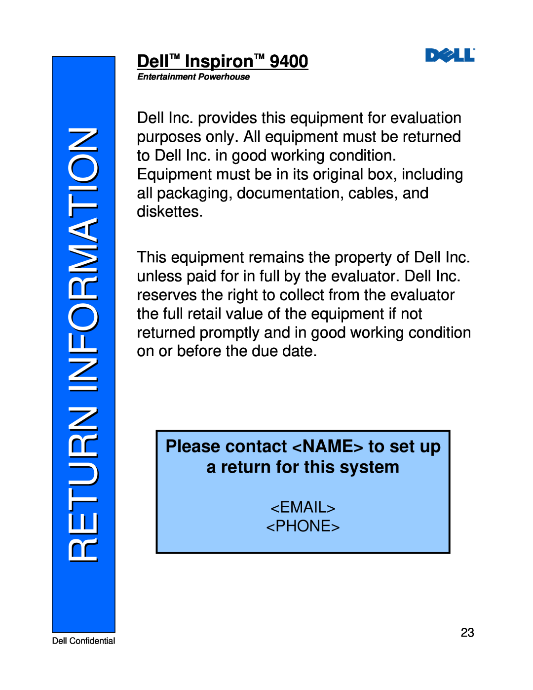 Dell 9400 manual Return Information, Please contact NAME to set up a return for this system, Dell Inspiron 