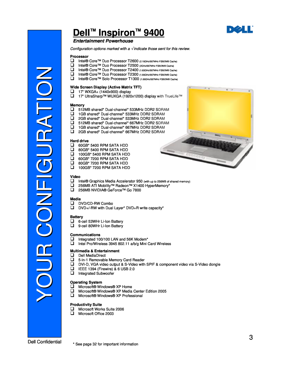 Dell 9400 manual Your Configuration, Dell Inspiron, Entertainment Powerhouse 