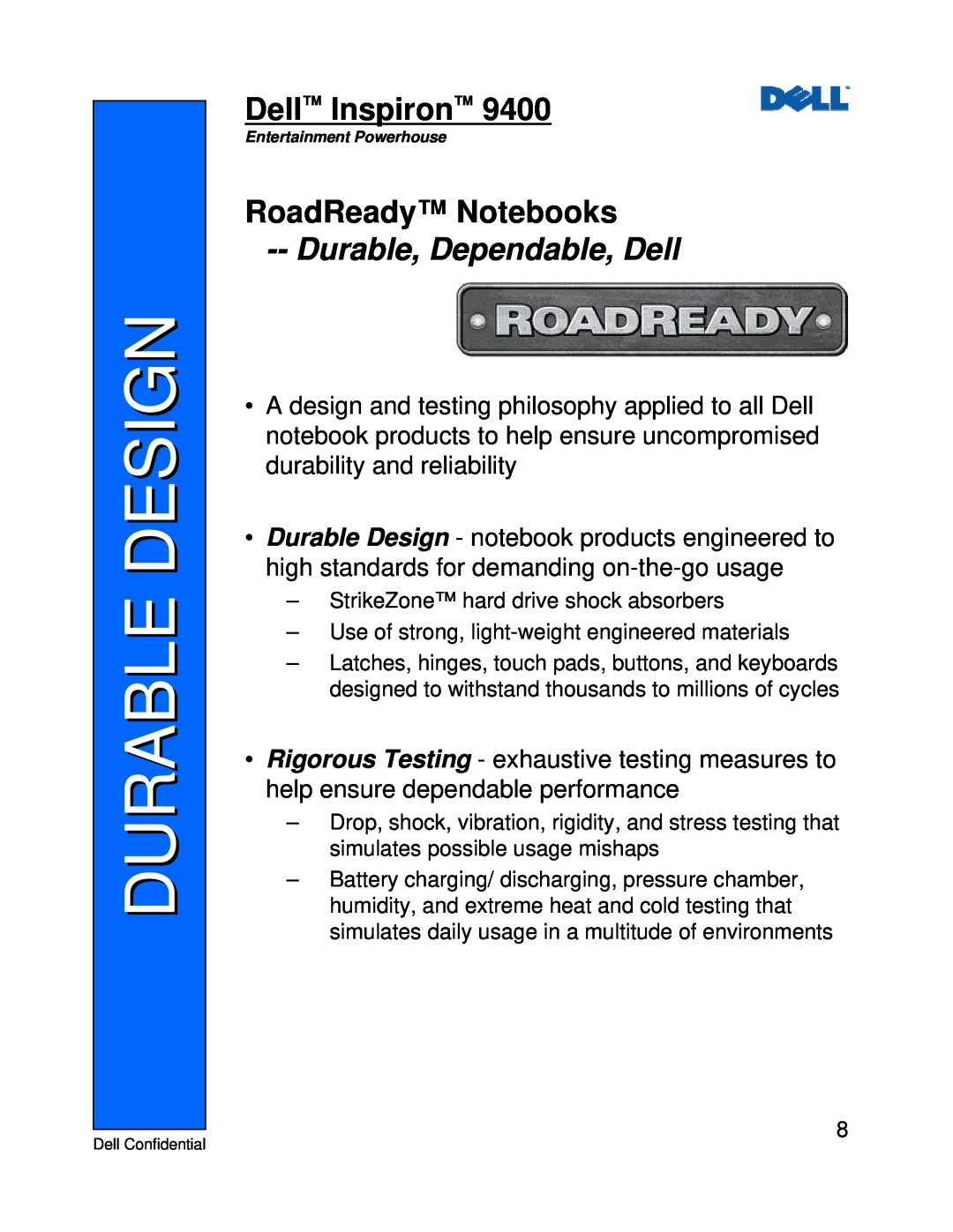Dell 9400 manual Durable Design, RoadReady Notebooks, Dell Inspiron, Durable, Dependable, Dell 