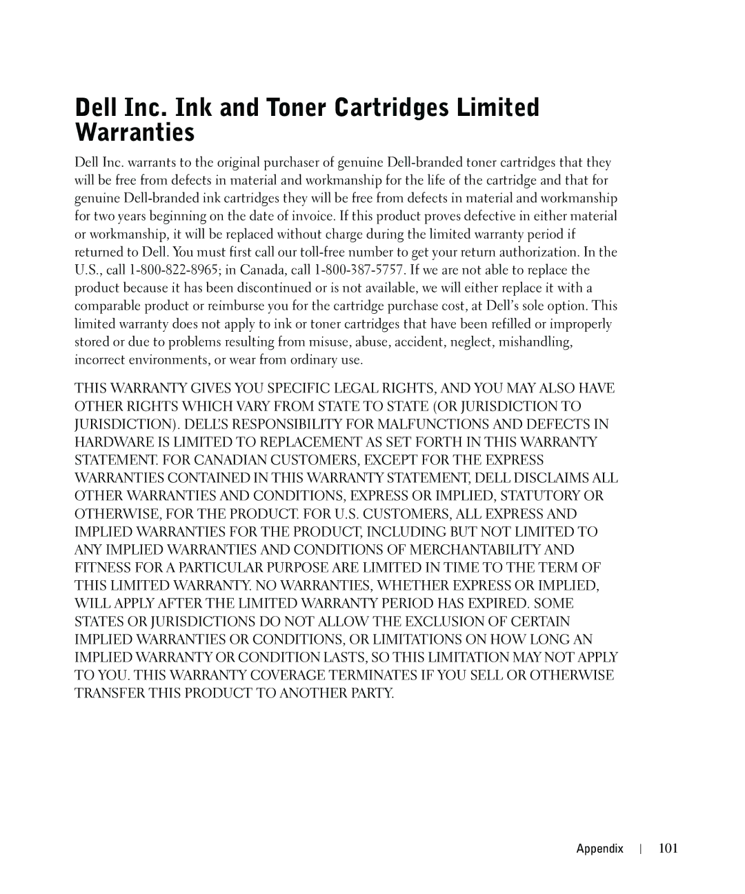 Dell 942 owner manual Dell Inc. Ink and Toner Cartridges Limited Warranties 