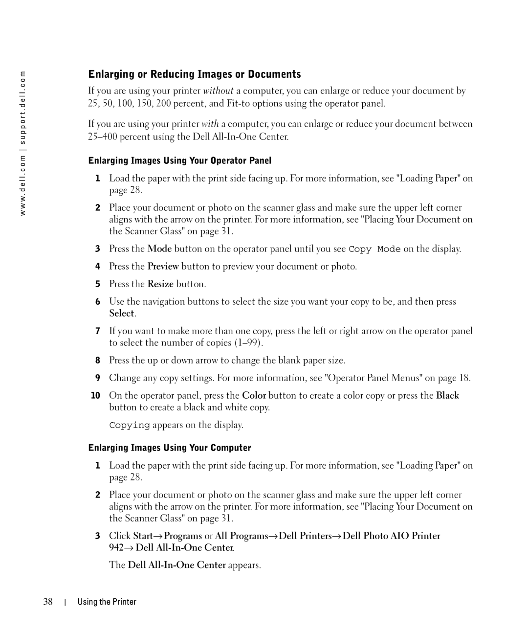 Dell 942 owner manual Enlarging or Reducing Images or Documents, Enlarging Images Using Your Operator Panel 