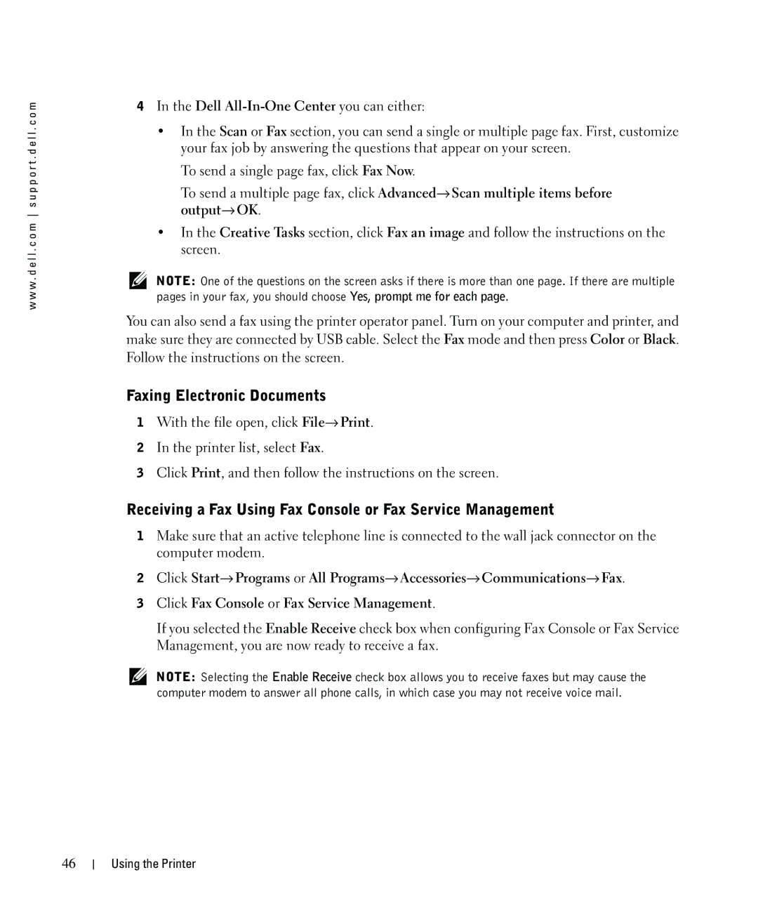 Dell 942 owner manual Faxing Electronic Documents, Receiving a Fax Using Fax Console or Fax Service Management 