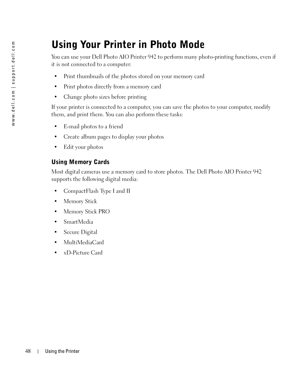 Dell 942 owner manual Using Your Printer in Photo Mode, Using Memory Cards 