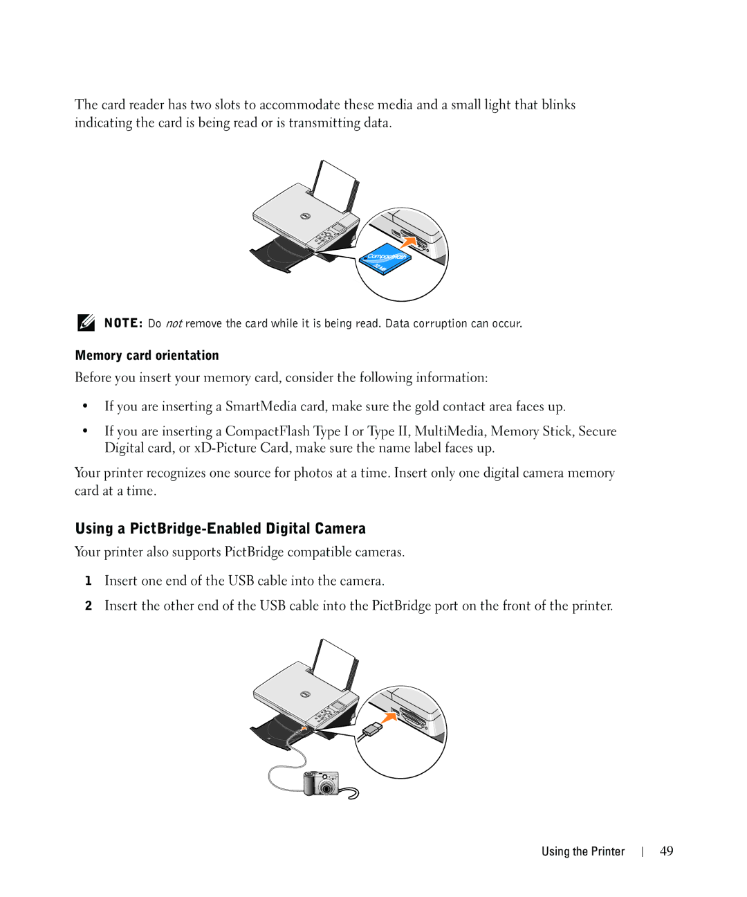 Dell 942 owner manual Using a PictBridge-Enabled Digital Camera, Memory card orientation 