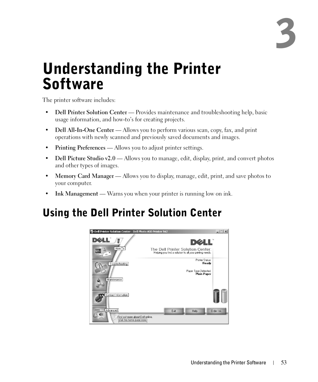 Dell 942 owner manual Understanding the Printer Software, Using the Dell Printer Solution Center 