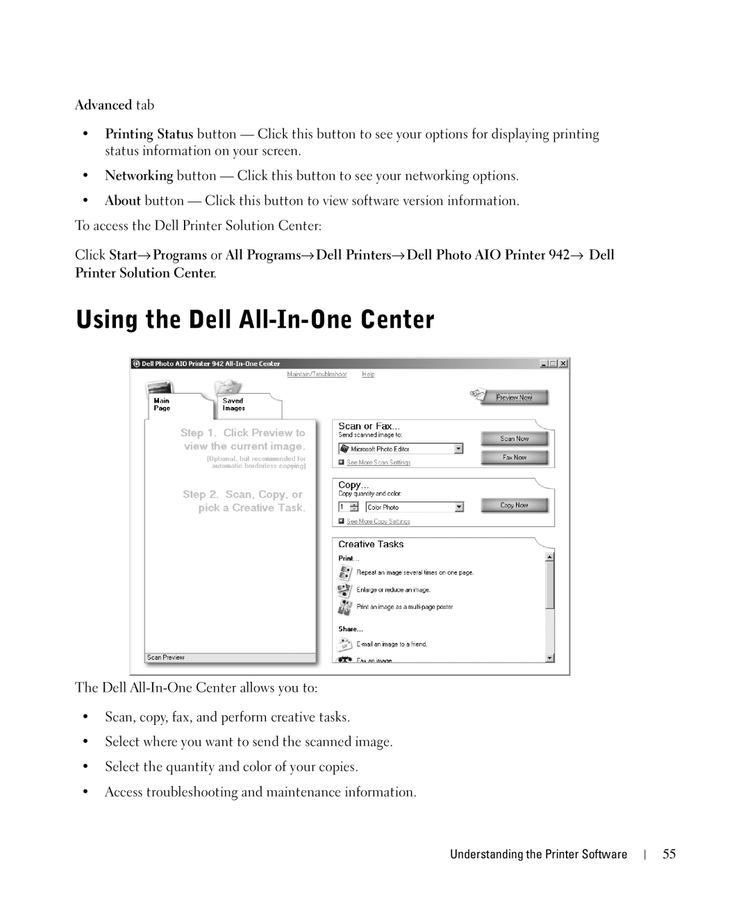 Dell 942 owner manual Using the Dell All-In-One Center, Advanced tab 