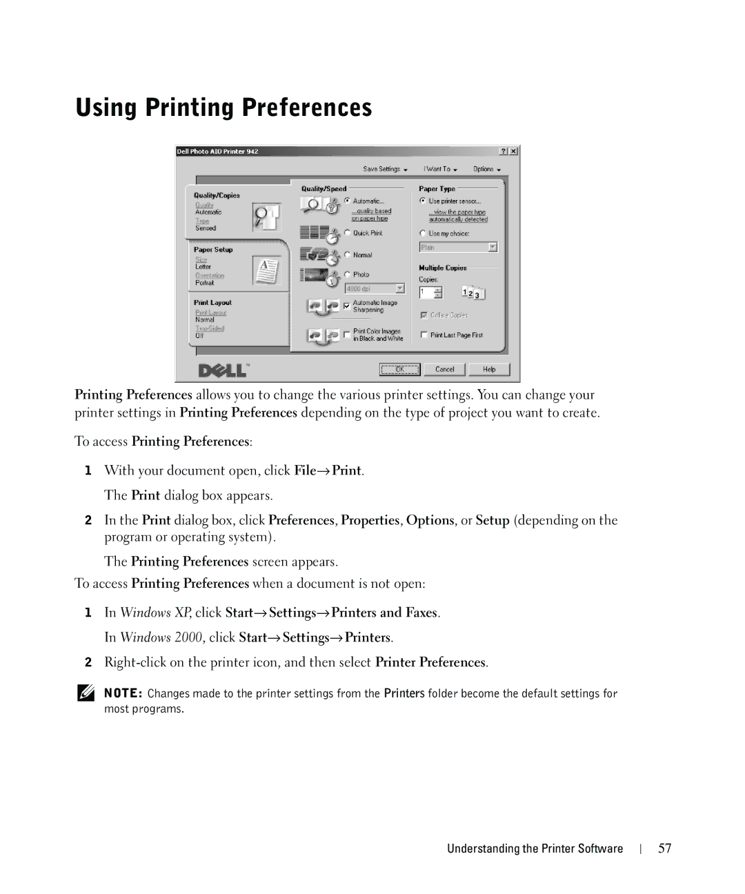 Dell 942 owner manual Using Printing Preferences, To access Printing Preferences 