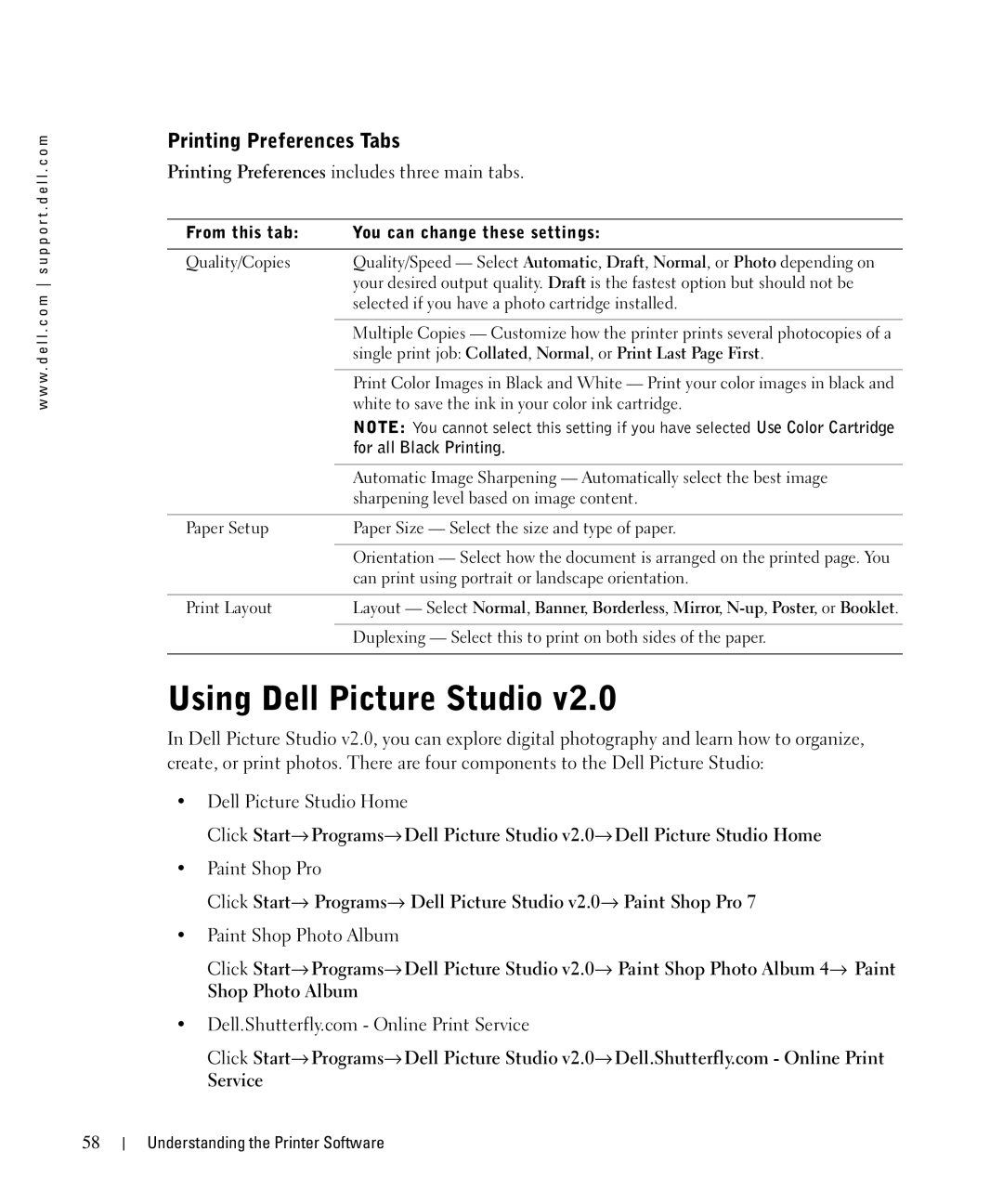 Dell 942 owner manual Using Dell Picture Studio, Printing Preferences Tabs, From this tab You can change these settings 