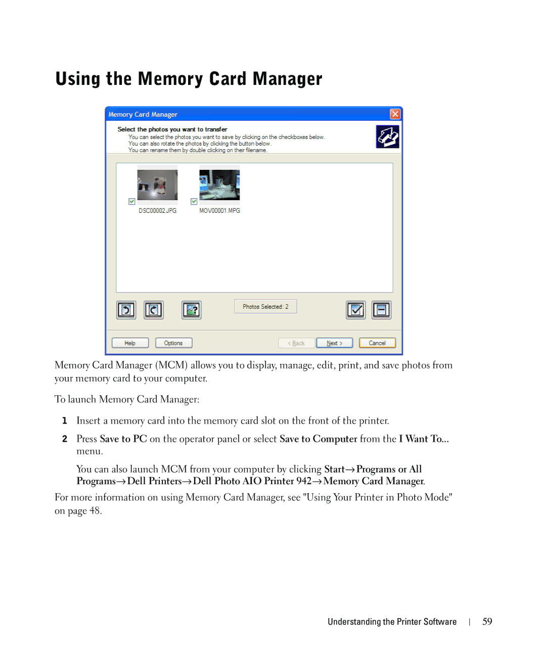 Dell 942 owner manual Using the Memory Card Manager 