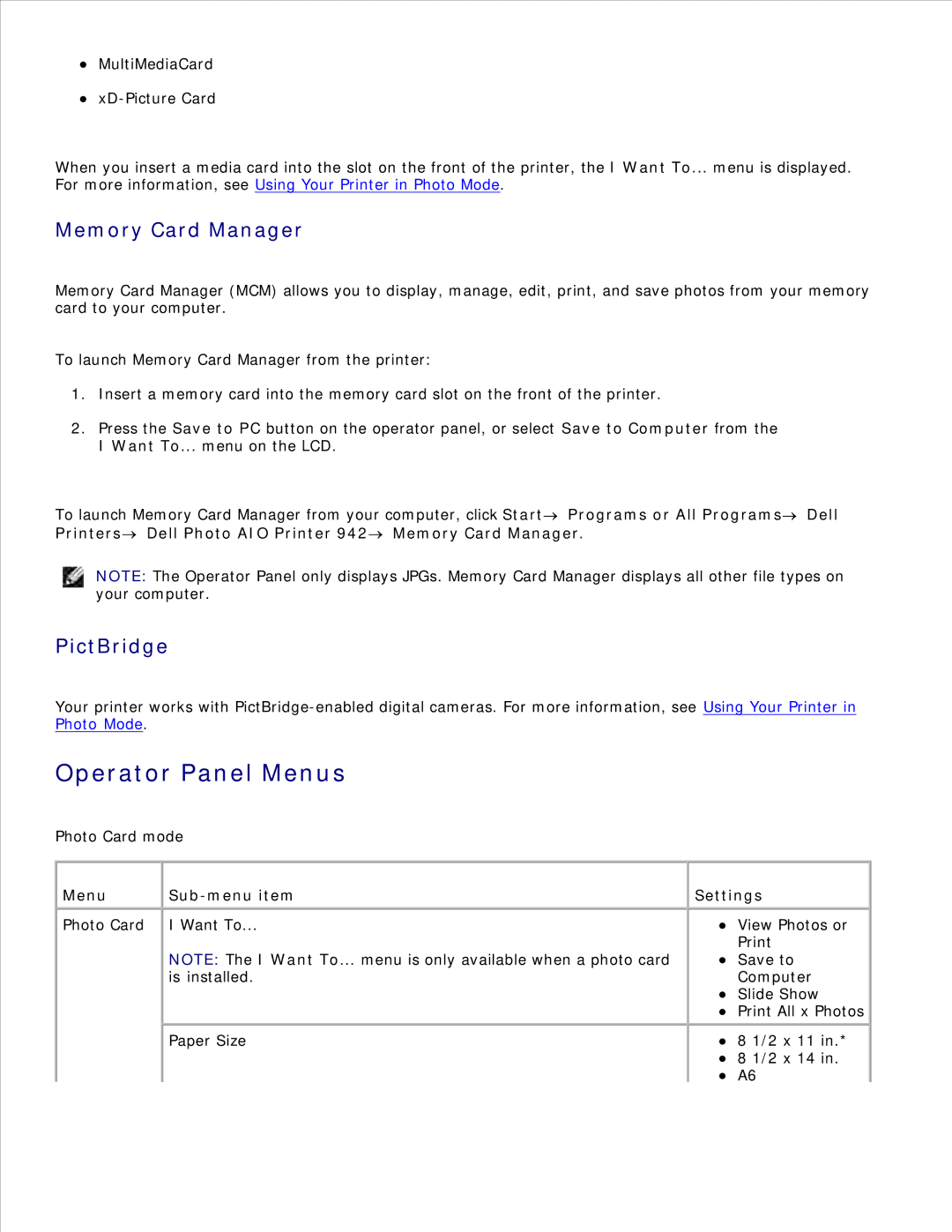 Dell 942 manual Operator Panel Menus, Memory Card Manager, PictBridge 