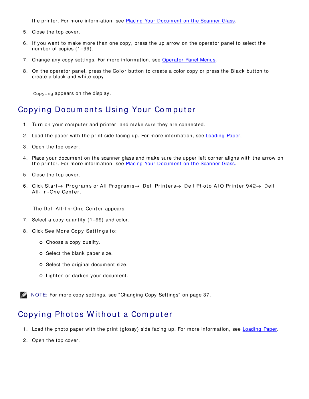 Dell 942 manual Copying Documents Using Your Computer, Copying Photos Without a Computer, Click See More Copy Settings to 