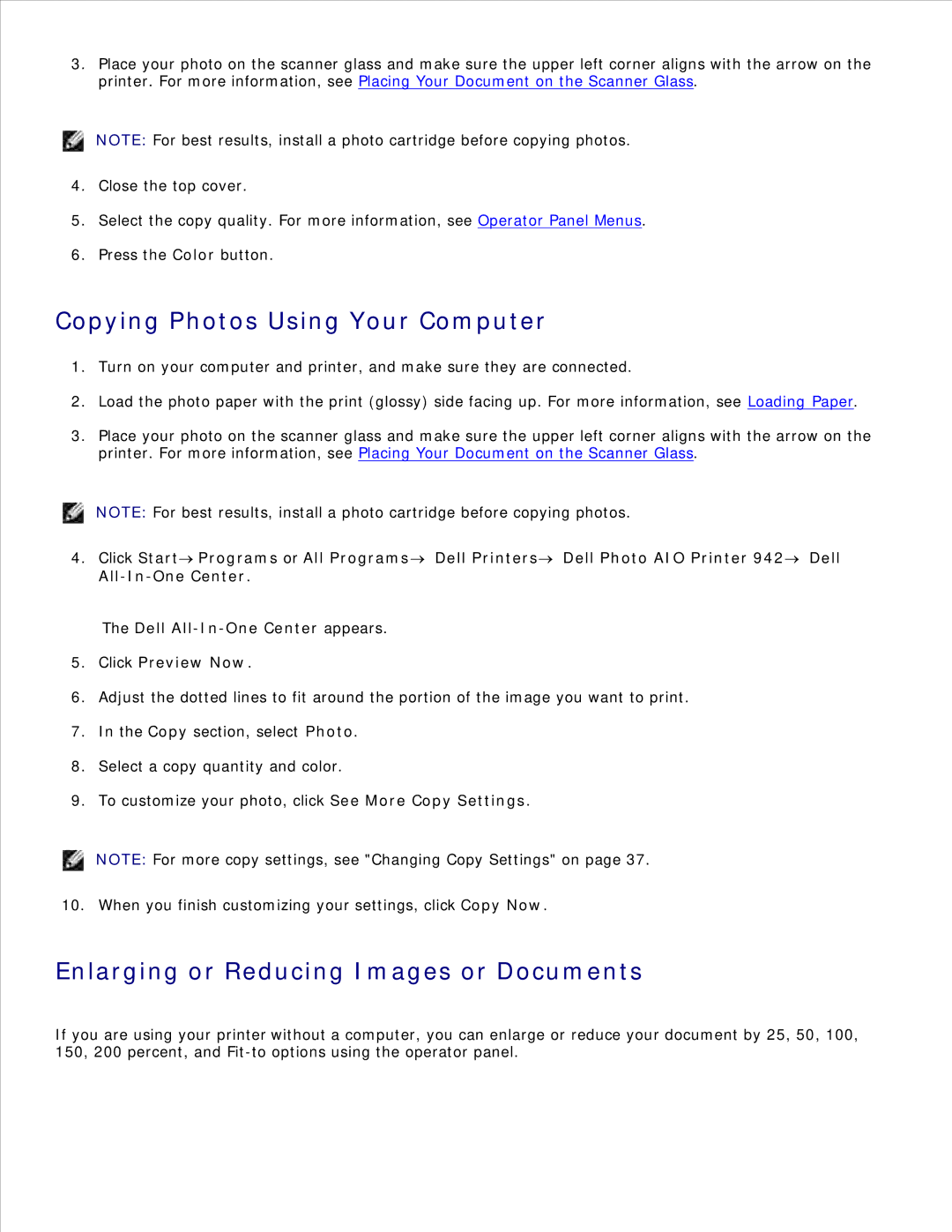 Dell 942 manual Copying Photos Using Your Computer, Enlarging or Reducing Images or Documents 