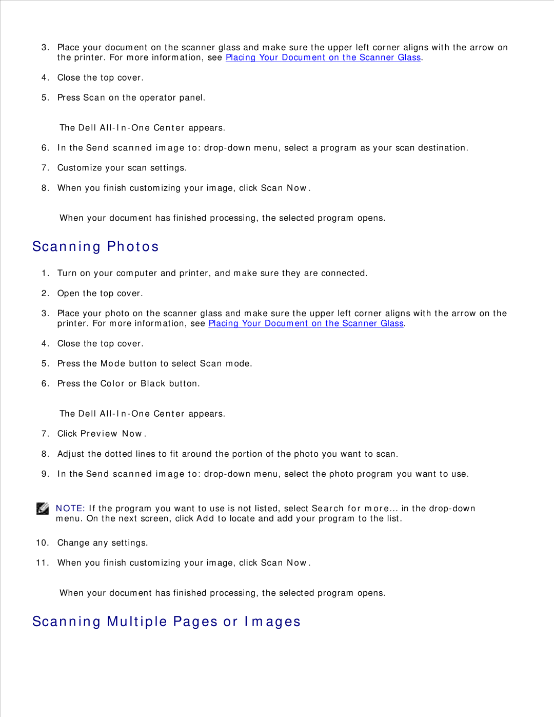 Dell 942 manual Scanning Photos, Scanning Multiple Pages or Images, Dell All-In-One Center appears Click Preview Now 