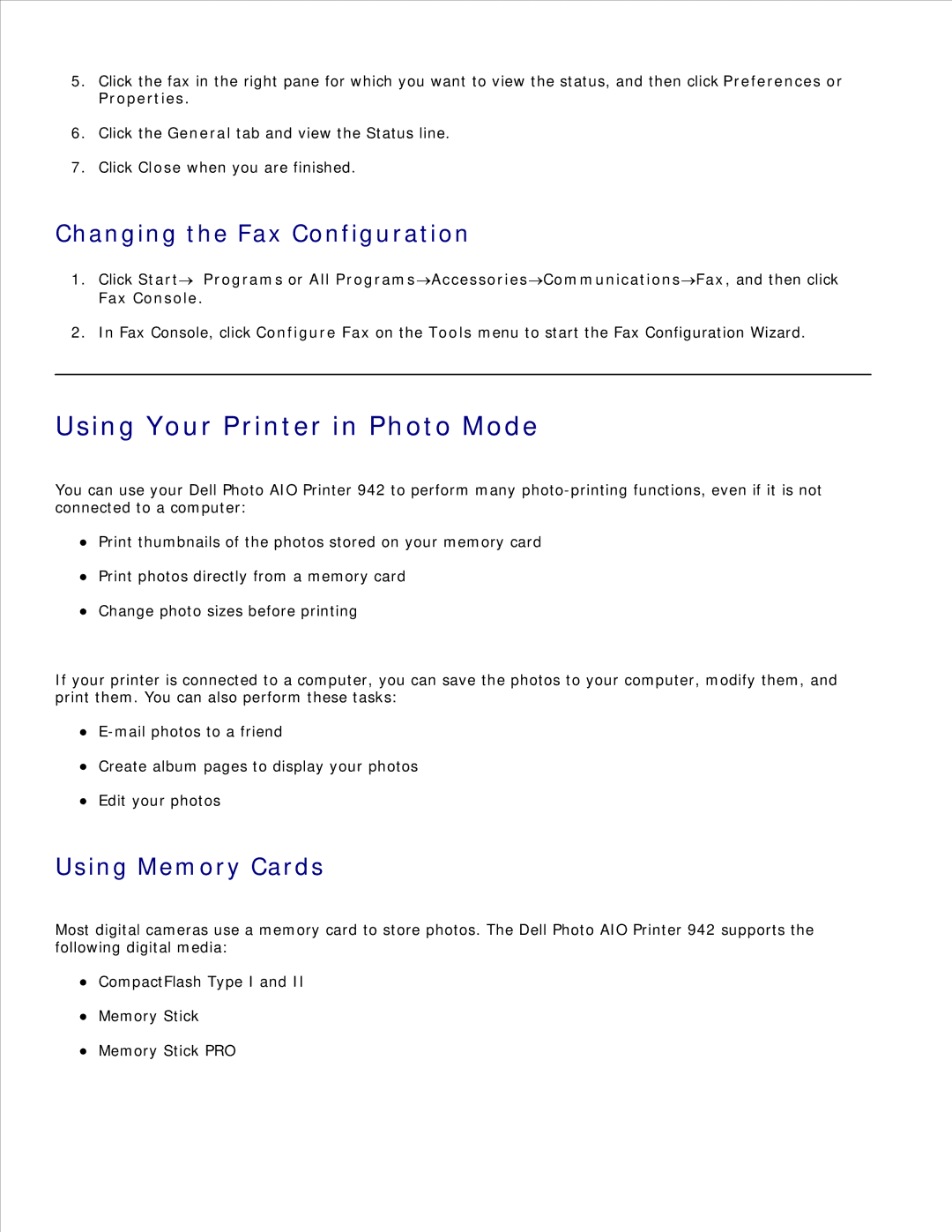 Dell 942 manual Using Your Printer in Photo Mode, Changing the Fax Configuration, Using Memory Cards 