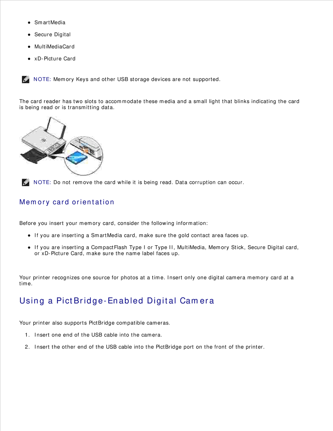 Dell 942 manual Using a PictBridge-Enabled Digital Camera, Memory card orientation 