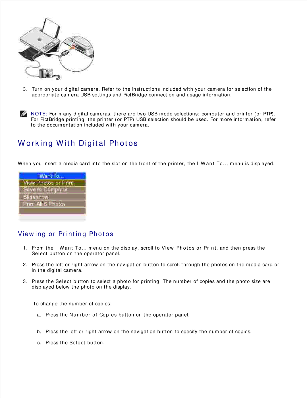 Dell 942 manual Working With Digital Photos, Viewing or Printing Photos 