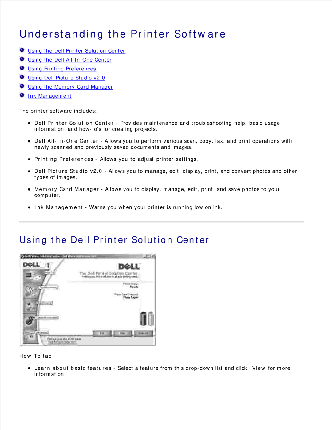 Dell 942 manual Understanding the Printer Software, Using the Dell Printer Solution Center, How To tab 